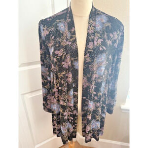R&M RICHARDS Open Front Shirt Jacket Womens Black Silver Floral Glitter Size 18W